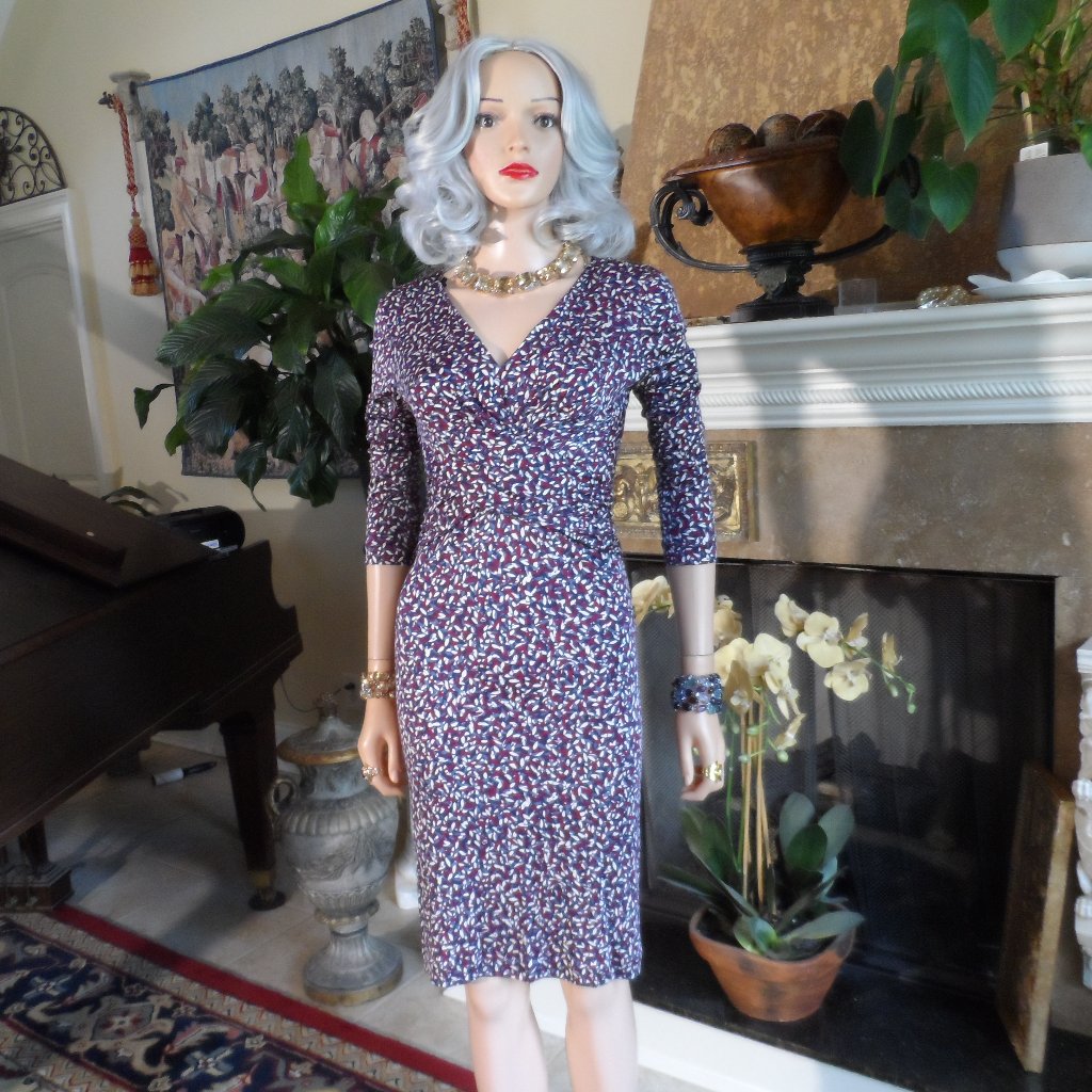 Tory Burch 100% Silk Burgundy Multi Print Front Ruched Sheath Dress Size S/P